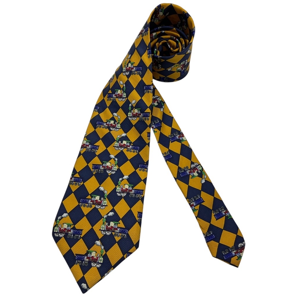 LES COPAINS Navy/Yellow Tartan Train Toy Silk LUXURY Tie ITALY